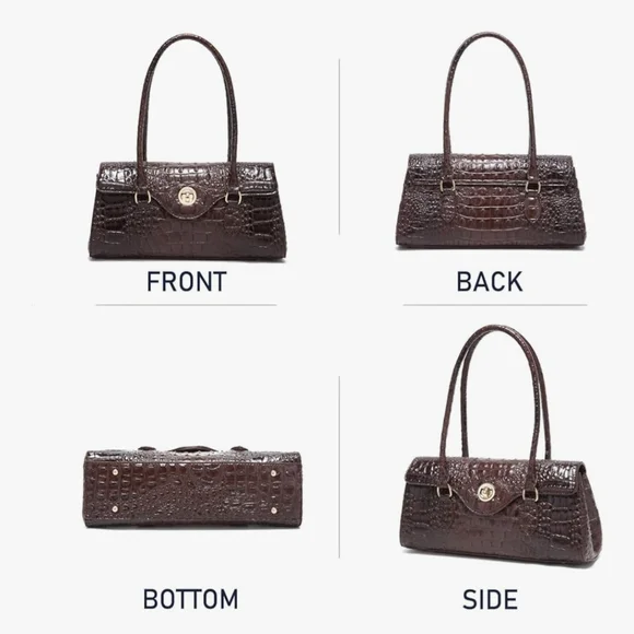 Dark Brown Crocodile Textured Shoulder Bag with Structured Design - Picture 4 of 7